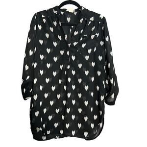 A’gaci A’gaci A’gaci Size Large Black and Cream Heart Design Sheer Blouse Top